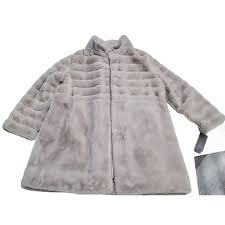 Stand Collar Faux Fur Coat Feather Grey
