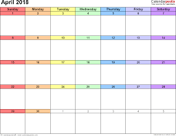 April 2018 Calendars For Word Excel Pdf