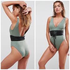 Asos Wetlook Lace Up Corsetted Plunge Swimsuit New