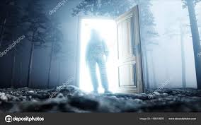 Astronaut In Fog Night Forest Light Portal Door Landing