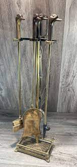 Vtg 5pc Brass Fireplace Tools Duck Head