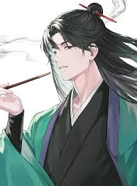 mond sl, return of the mount hua sect, absurdres, character request,  highres, 1boy, black hair, hair ornament, hair stick, kiseru, long hair,  male focus, smoke, smoking pipe, upper body, white background -