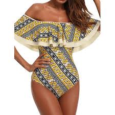 Starvnc Women One Piece Off Shoulder Ruffle Printed Swimsuit