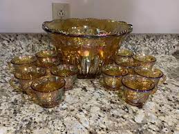 Lot Vintage Carnival Glass Punch Bowl