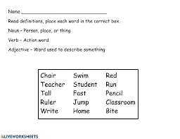 A word that names a person, place, or thing. Nouns Verbs Adjectives Worksheet