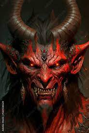 the archfiend demon of greed, red skin, large horns, fire eyes, art  illustration Illustration Stock | Adobe Stock