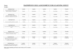 badminton learning for essment sheet