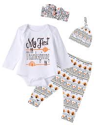 4pcs Baby Boys Girls My First Thanksgiving Outfit Set Long Sleeve Bodysuit