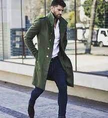 Men Trench Coat Green Double Ted