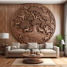 A Living Room With A Large Wooden Wall