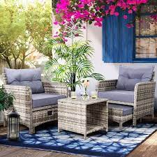 Pamapic 5 Pieces Wicker Patio Furniture Set Outdoor Patio Chairs With Ottomans Purple Cushions