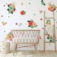 C Teal Peach Graphic Flowers Wall