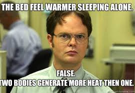 The bed feel warmer sleeping alone. False. two bodies generate ... via Relatably.com