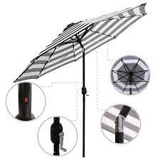 Maypex 9 Ft Steel Market Crank And Tilt Round Solar Light Patio Umbrella In Black And White Stripe