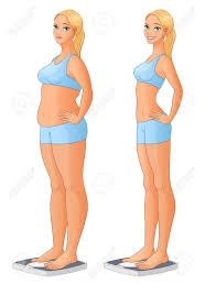 Woman Standing On Scale Before And After Weight Loss Cartoon