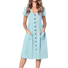 Womens Summer Short Sleeve V Neck Button Down Swing Midi Dress With Pockets