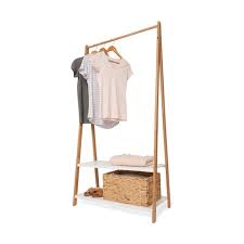 bamboo garment rack with white shelves