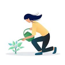 Girl Watering Plants With Leaves In