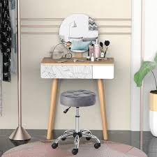 homcom round vanity stool with height adjule lift luxury style upholstery and swivel seat and wheels gray