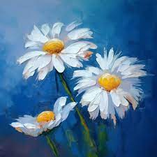 A Painting Of Daisies On A Blue Background