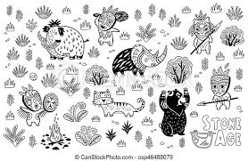 Age tools stone age netflix coloring pages stone age animals coloring pages stone age art for kids coloring page. Outline Stone Age Vector Set Outline Drawing Of Cartoon Prehistoric Animals And Hunters In The Forest Vector Illustration Canstock