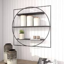 Monroe Lane 31 Inch Large Round Industrial Metal Wall Mirror With Wood Shelves Square And Metal Frame Black