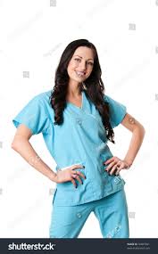 Smiling Nurse Light Blue Scrubs Isolated Stock Image