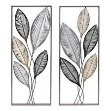 Each botanical fan is made of solid iron with a wavy silhouette at the top, vertical bars in the center, and thick, curved stems. Firstime Metallic Leaves Wall Decor 2 Piece Set