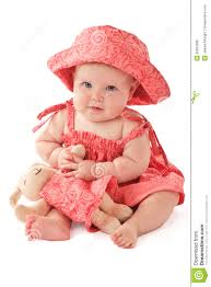 Adorable Baby In Pink Dress Plays With Toy Bunny Stock Photo Image
