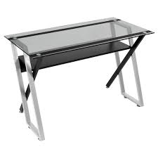 While the base material of a glass desk is often black, the material and finish of components like desk legs, storage drawers, and keyboard trays vary considerably. Colorado Metal And Glass Laptop Writing Desk Black Silver Clear Glass Target