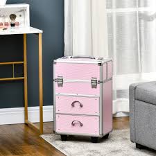 homcom rolling makeup train case large storage cosmetic trolley lockable traveling cart trunk with folding trays swivel wheels pink aosom canada