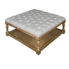 French Linen Tufted Oak Coffee Table