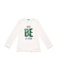 T Shirt With Print And Sequins Creamy White Benetton