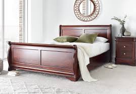 White Wood Sleigh Bed With End Drawers