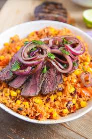sizzling mexican steak with rice and