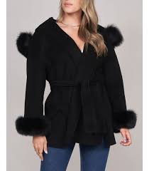 Hooded Wool Wrap Coat With Fox Fur Trim