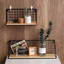 Industrial Metal Wire Wood Wall Shelf