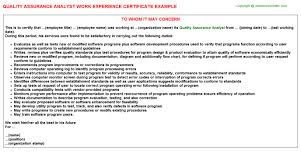 Quality Assurance Analyst Job Experience Letter
