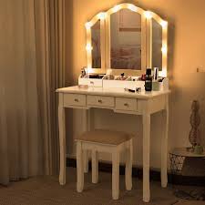 vanity desk with mirror and lights