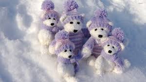 white teddy bears with purple clothes