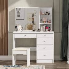 fufu a 5 drawers white wood makeup vanity sets dressing table sets with big mirror stool and 3 tier storage shelves