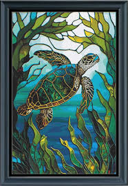 Stained Glass Turtle Colorful Cross