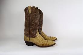 Vintage Dan Post Cowboy Boots Mens Size 10 B Brown And Beige Exotic Skin Western Boot 4 Line 2 Color Flame Stitch And Alligator Belly Vamp