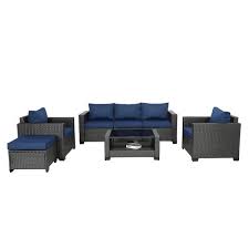 7 Pieces Outdoor Patio Furniture Sets Rattan Conversation Sectional Set Manual Wicker Patio Sofa Dark Blue Cushion