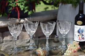 4 Vintage Etched Crystal Wine Glasses