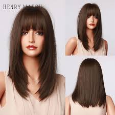 Diy bangs are never worth. Henry Margu Dark Brown Medium Long Bob Synthetic Wigs With Bangs Layered Hair Natural Straight Wigs For Women High Temperature Synthetic None Lace Wigs Aliexpress