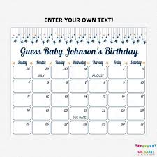 Editable Due Date Calendar Pregnancy Calendar Blue And Gold Baby Shower Boy Edit Yourself Pdf Printable Personalize Twinkle Sgs0002 Dbg