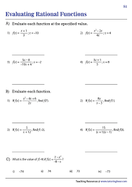 Evaluating Rational Functions Worksheets
