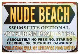 Amazon.com: Nude Beach Swimsuits Optional Voyeurism Prohibited Metal Tin  Sign Vintage Plaque Home Wall Decor, 8x12 Inches : Home & Kitchen