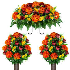 Sympathy & funeral when you order funeral flowers from silk's flower shop, our skilled and compassionate florist will work directly with the funeral home to ensure that your delivery is timely and accurate. Sympathy Silks Artificial Cemetery Flowers 2 Orange Mum And Burgundy Rose Bouquets Saddle Walmart Com Walmart Com